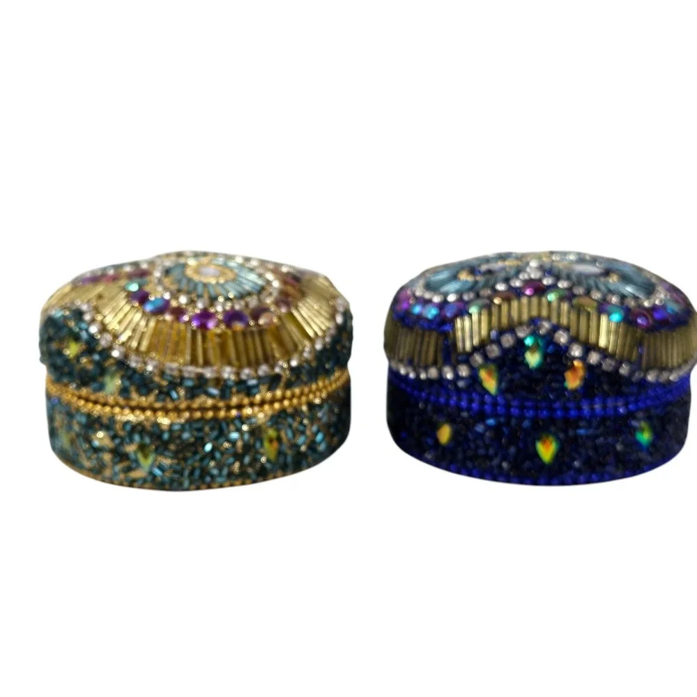 2 Vintage Beaded Bejeweled Trinket Boxes Round Domed Tins Iridescent Gold Blue